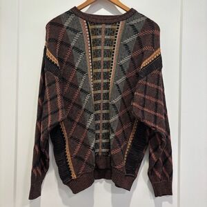 Giorgio‎ Danieli Men L Italian Knit Pullover Sweater Geometric Pattern Brown Red